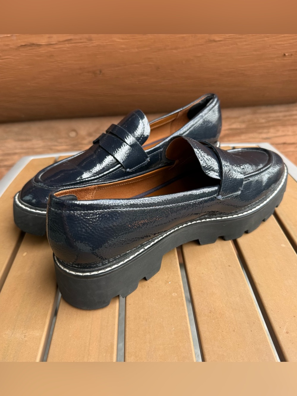 Franco Sarto Navy Patent Chunky Lug Sole Penny Loafers Women’s 11W - Picture 2 of 8